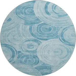 Photo of 8' Denim Blue And Sky Blue Geometric Washable Round Rug With UV Protection