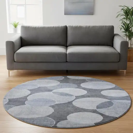 8' Denim Blue And Sky Blue Geometric Washable Round Rug With UV Protection Photo 2