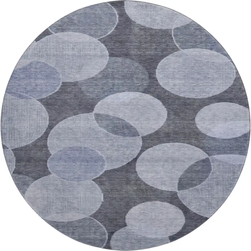 8' Denim Blue And Sky Blue Geometric Washable Round Rug With UV Protection Photo 1