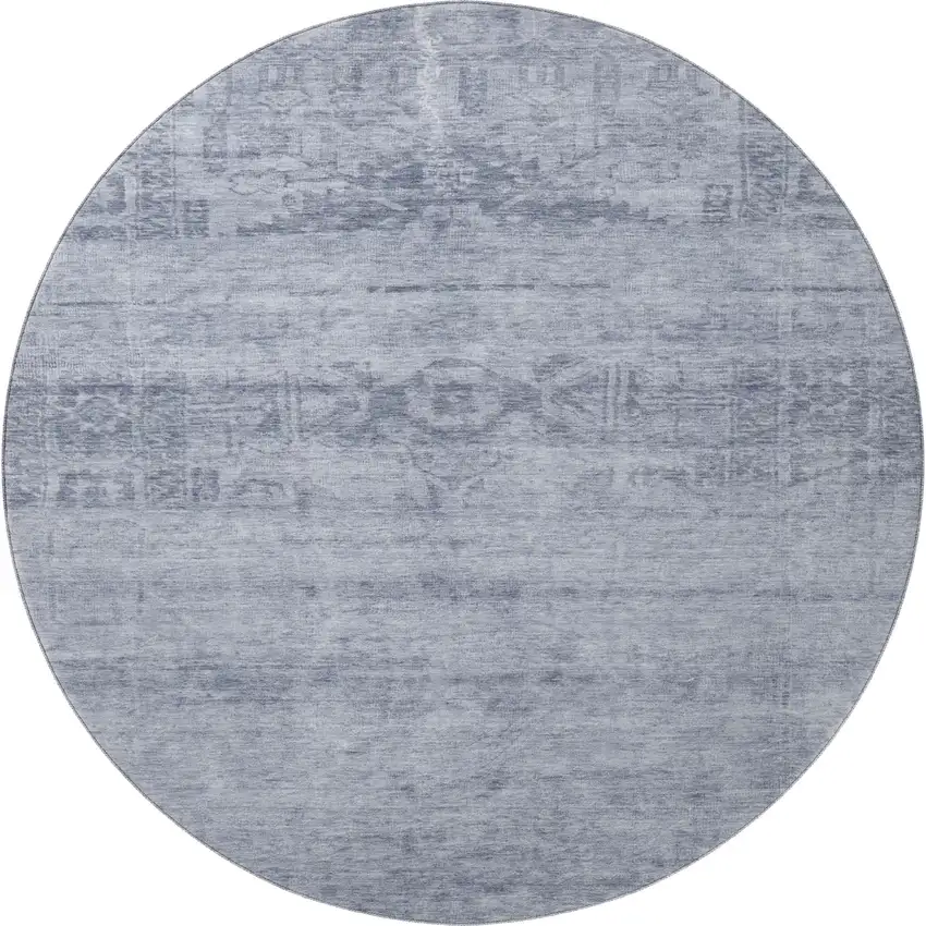 8' Denim Blue And Sky Blue Oriental Washable Round Rug With UV Protection Photo 2