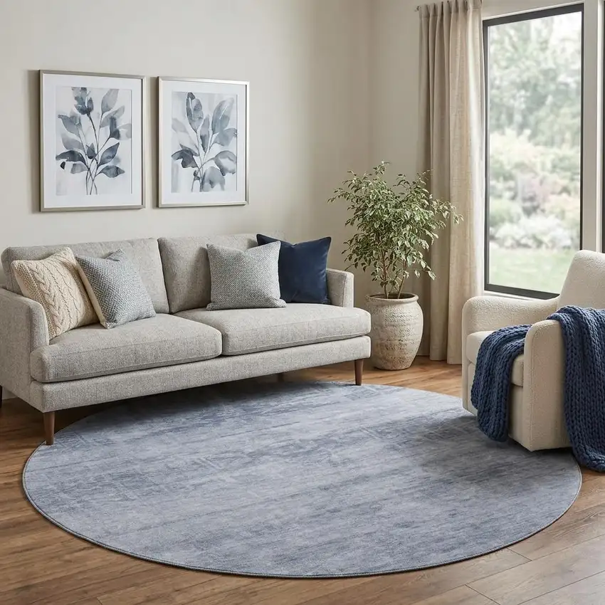 8' Denim Blue And Sky Blue Oriental Washable Round Rug With UV Protection Photo 1
