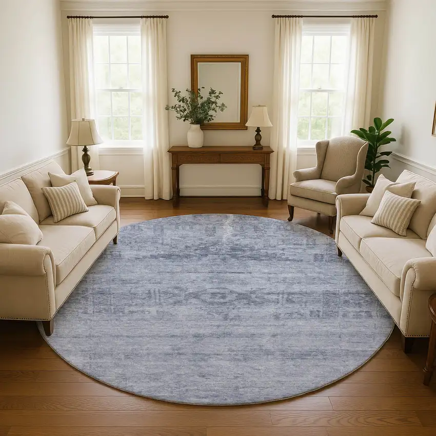 8' Denim Blue And Sky Blue Oriental Washable Round Rug With UV Protection Photo 3