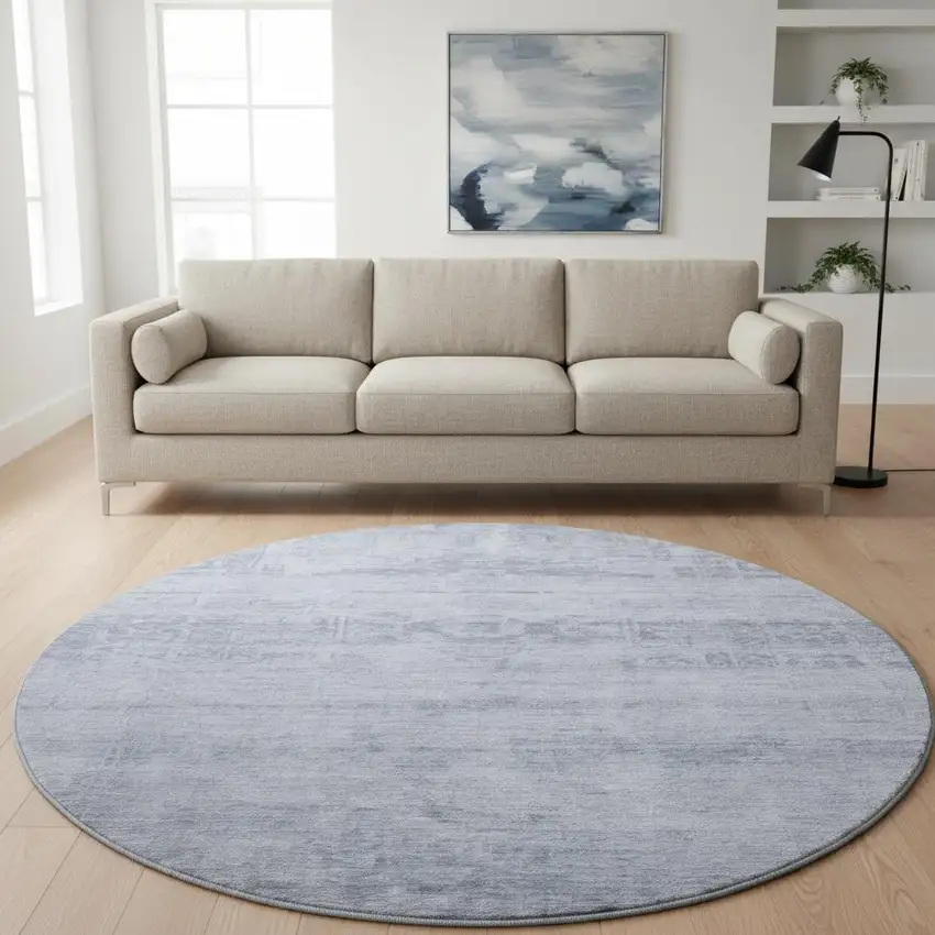 8' Denim Blue And Sky Blue Oriental Washable Round Rug With UV Protection Photo 2