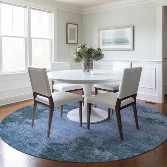 8' Denim Blue And Sky Blue Round Abstract Washable Indoor Outdoor Area Rug Photo 6