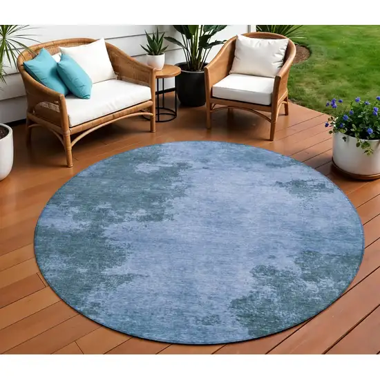 8' Denim Blue And Sky Blue Round Abstract Washable Indoor Outdoor Area Rug Photo 2