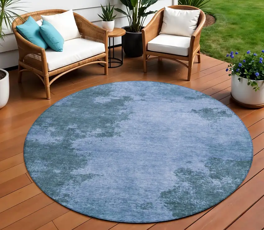 8' Denim Blue And Sky Blue Round Abstract Washable Indoor Outdoor Area Rug Photo 2