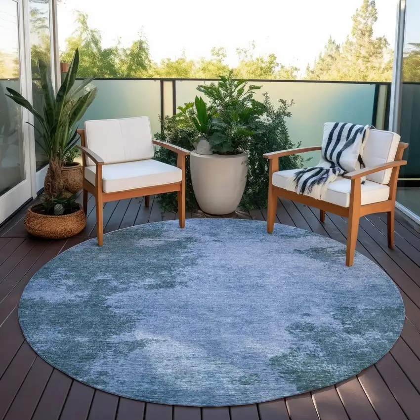 8' Denim Blue And Sky Blue Round Abstract Washable Indoor Outdoor Area Rug Photo 5