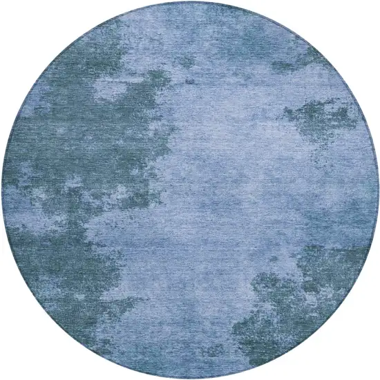 8' Denim Blue And Sky Blue Round Abstract Washable Indoor Outdoor Area Rug Photo 1