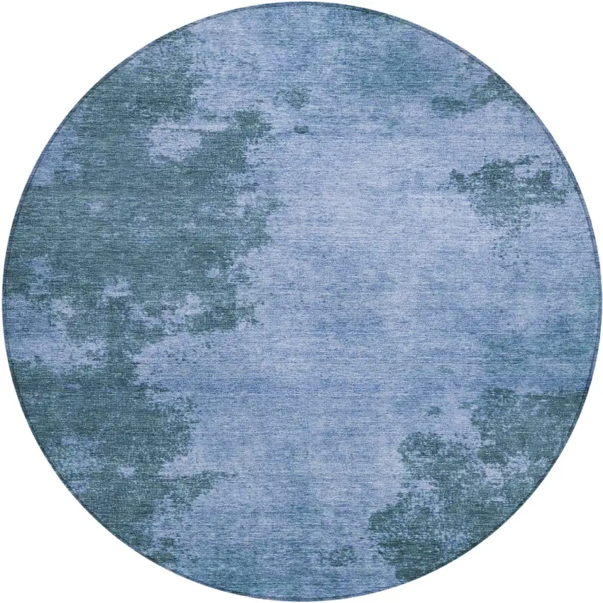 8' Denim Blue And Sky Blue Round Abstract Washable Indoor Outdoor Area Rug Photo 1