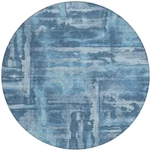 Photo of 8' Denim Blue And Sky Blue Round Abstract Washable Indoor Outdoor Area Rug