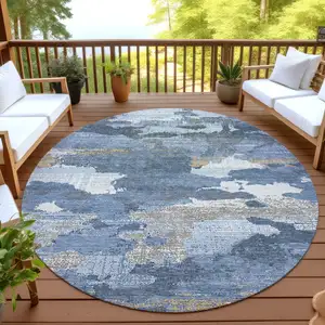 Photo of 8' Denim Blue And Sky Blue Round Abstract Washable Indoor Outdoor Area Rug