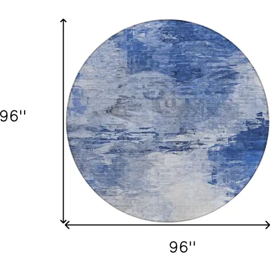 8' Denim Blue And Sky Blue Round Abstract Washable Indoor Outdoor Area Rug Photo 3