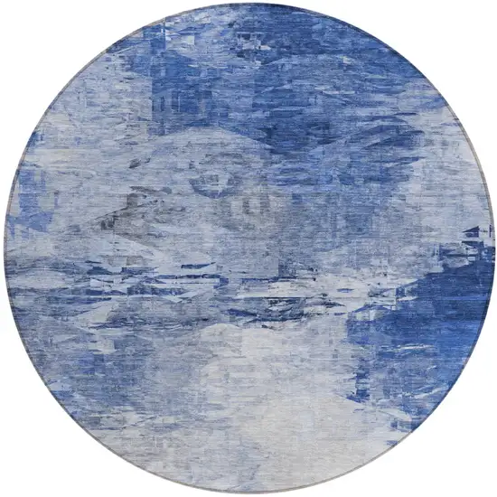 8' Denim Blue And Sky Blue Round Abstract Washable Indoor Outdoor Area Rug Photo 2