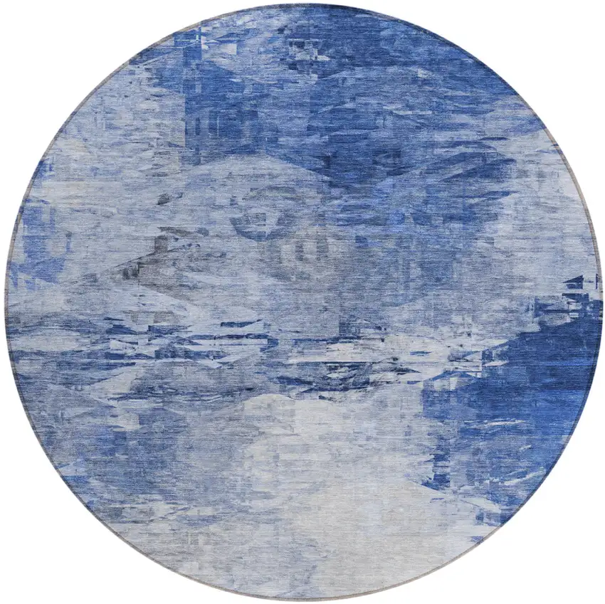 8' Denim Blue And Sky Blue Round Abstract Washable Indoor Outdoor Area Rug Photo 2