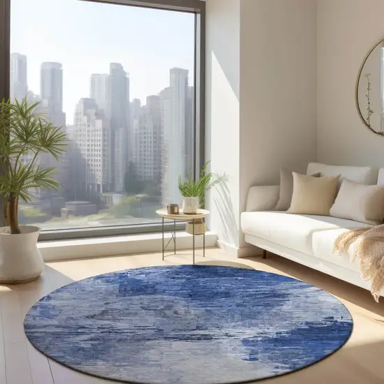 8' Denim Blue And Sky Blue Round Abstract Washable Indoor Outdoor Area Rug Photo 5