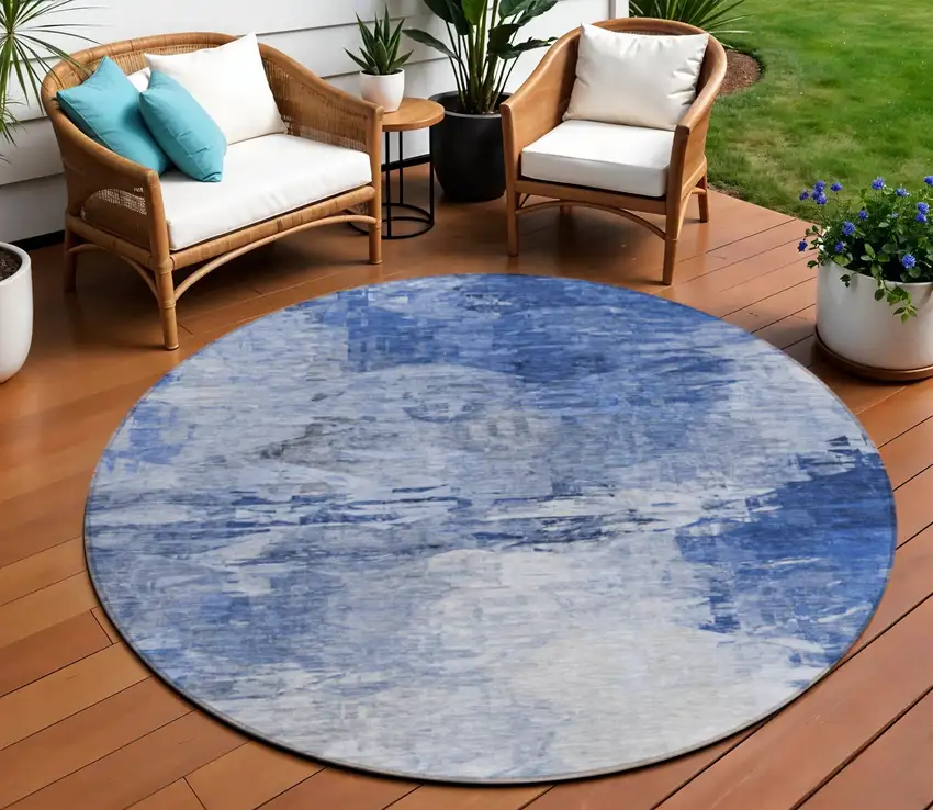 8' Denim Blue And Sky Blue Round Abstract Washable Indoor Outdoor Area Rug Photo 1