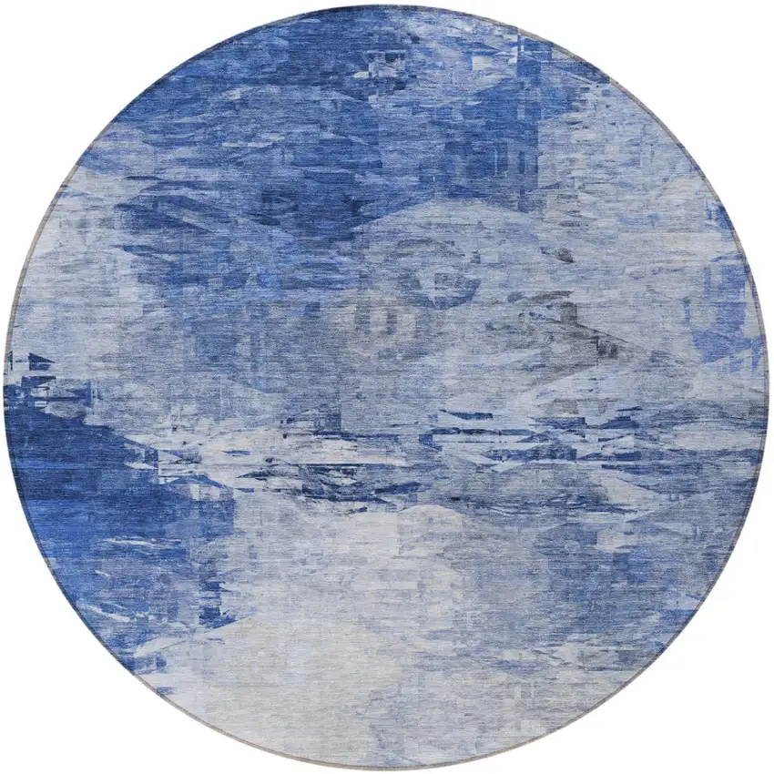 8' Denim Blue And Sky Blue Round Abstract Washable Indoor Outdoor Area Rug Photo 7