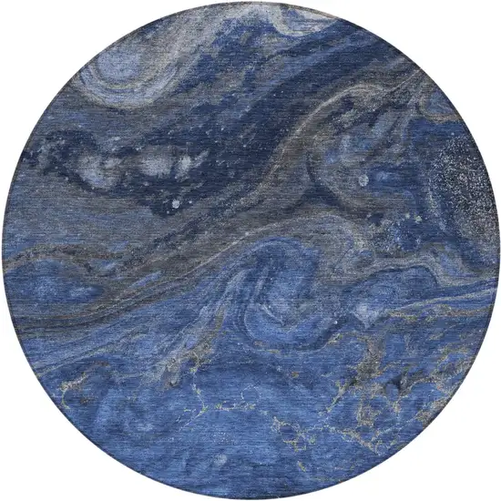 8' Denim Blue And Sky Blue Round Abstract Washable Indoor Outdoor Area Rug Photo 2