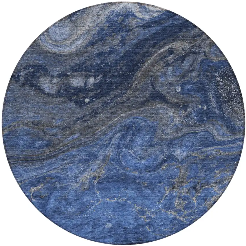 8' Denim Blue And Sky Blue Round Abstract Washable Indoor Outdoor Area Rug Photo 2