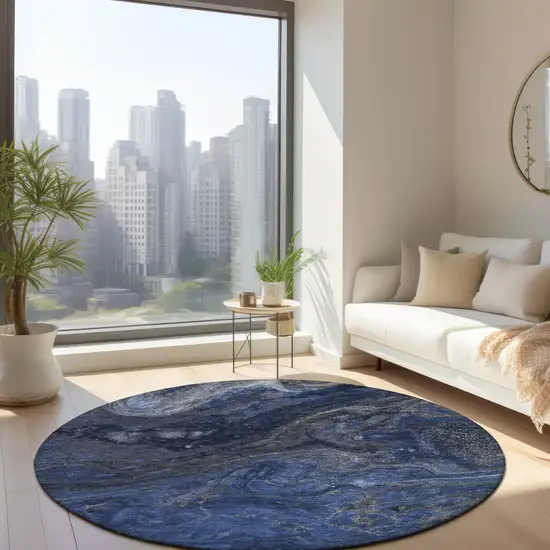 8' Denim Blue And Sky Blue Round Abstract Washable Indoor Outdoor Area Rug Photo 7