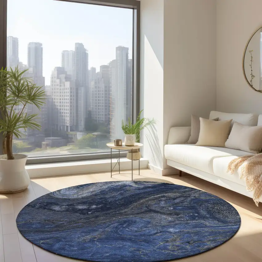 8' Denim Blue And Sky Blue Round Abstract Washable Indoor Outdoor Area Rug Photo 7
