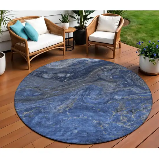 8' Denim Blue And Sky Blue Round Abstract Washable Indoor Outdoor Area Rug Photo 1