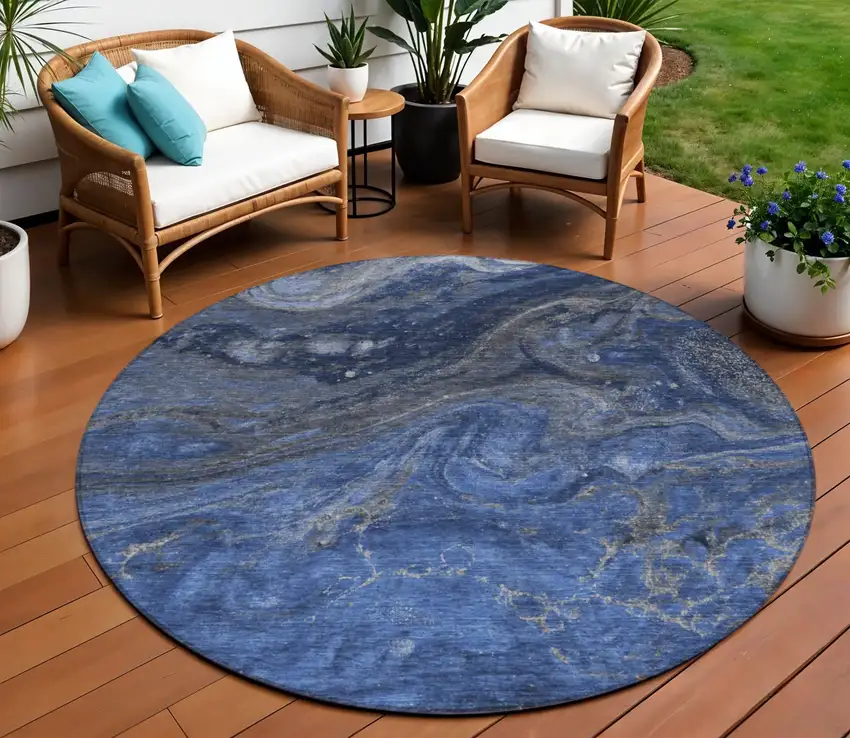 8' Denim Blue And Sky Blue Round Abstract Washable Indoor Outdoor Area Rug Photo 1