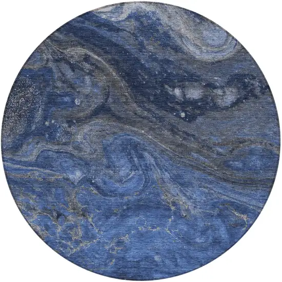 8' Denim Blue And Sky Blue Round Abstract Washable Indoor Outdoor Area Rug Photo 5
