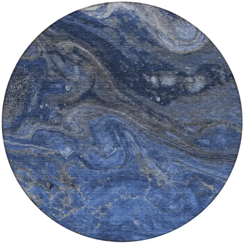 8' Denim Blue And Sky Blue Round Abstract Washable Indoor Outdoor Area Rug Photo 5