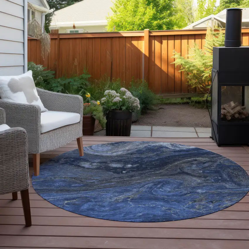 8' Denim Blue And Sky Blue Round Abstract Washable Indoor Outdoor Area Rug Photo 6