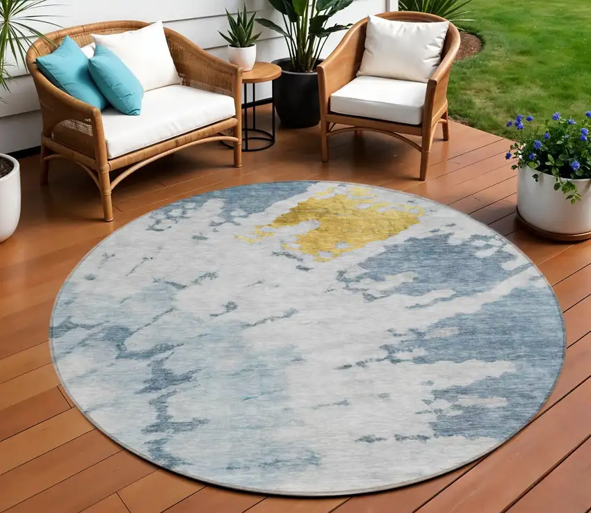 8' Denim Blue And Sky Blue Round Abstract Washable Indoor Outdoor Area Rug Photo 1
