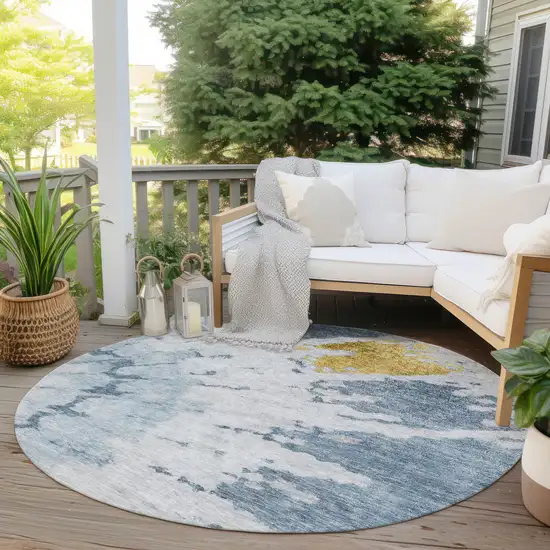8' Denim Blue And Sky Blue Round Abstract Washable Indoor Outdoor Area Rug Photo 6