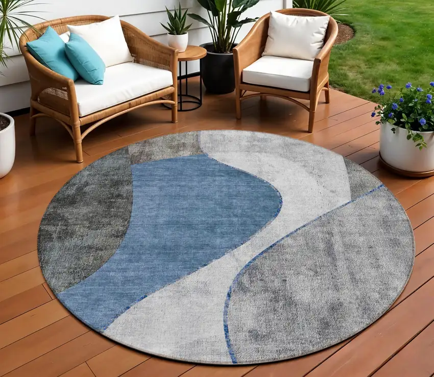 8' Denim Blue And Sky Blue Round Abstract Washable Indoor Outdoor Area Rug Photo 1