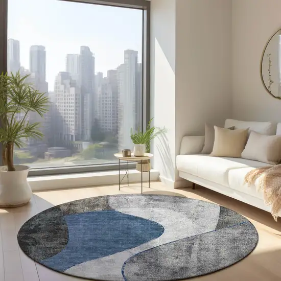 8' Denim Blue And Sky Blue Round Abstract Washable Indoor Outdoor Area Rug Photo 7