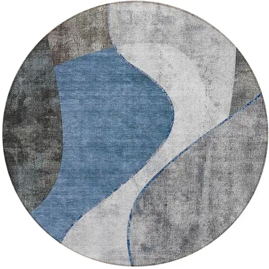 8' Denim Blue And Sky Blue Round Abstract Washable Indoor Outdoor Area Rug Photo 4