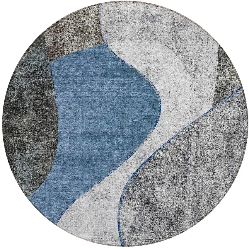 8' Denim Blue And Sky Blue Round Abstract Washable Indoor Outdoor Area Rug Photo 4