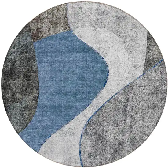 8' Denim Blue And Sky Blue Round Abstract Washable Indoor Outdoor Area Rug Photo 1