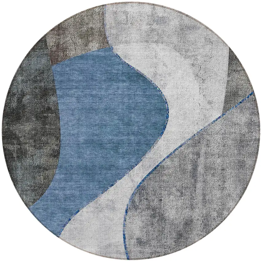 8' Denim Blue And Sky Blue Round Abstract Washable Indoor Outdoor Area Rug Photo 1