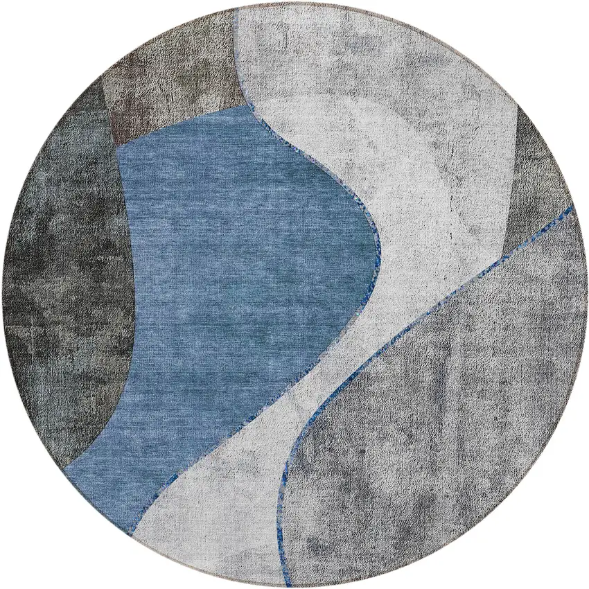8' Denim Blue And Sky Blue Round Abstract Washable Indoor Outdoor Area Rug Photo 1
