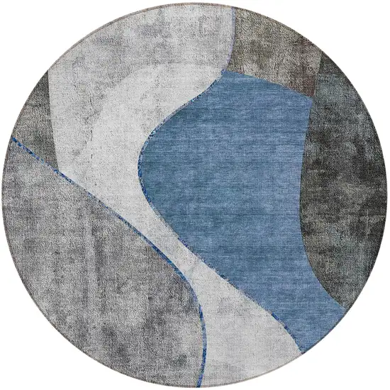 8' Denim Blue And Sky Blue Round Abstract Washable Indoor Outdoor Area Rug Photo 5