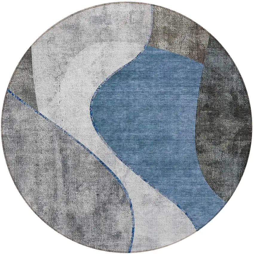 8' Denim Blue And Sky Blue Round Abstract Washable Indoor Outdoor Area Rug Photo 5