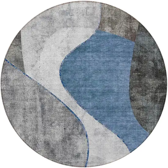8' Denim Blue And Sky Blue Round Abstract Washable Indoor Outdoor Area Rug Photo 5