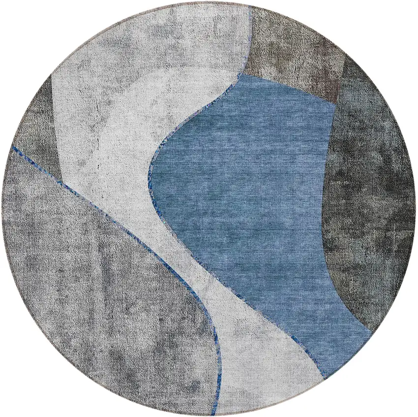 8' Denim Blue And Sky Blue Round Abstract Washable Indoor Outdoor Area Rug Photo 5