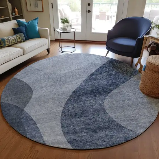 8' Denim Blue And Sky Blue Round Abstract Washable Indoor Outdoor Area Rug Photo 7