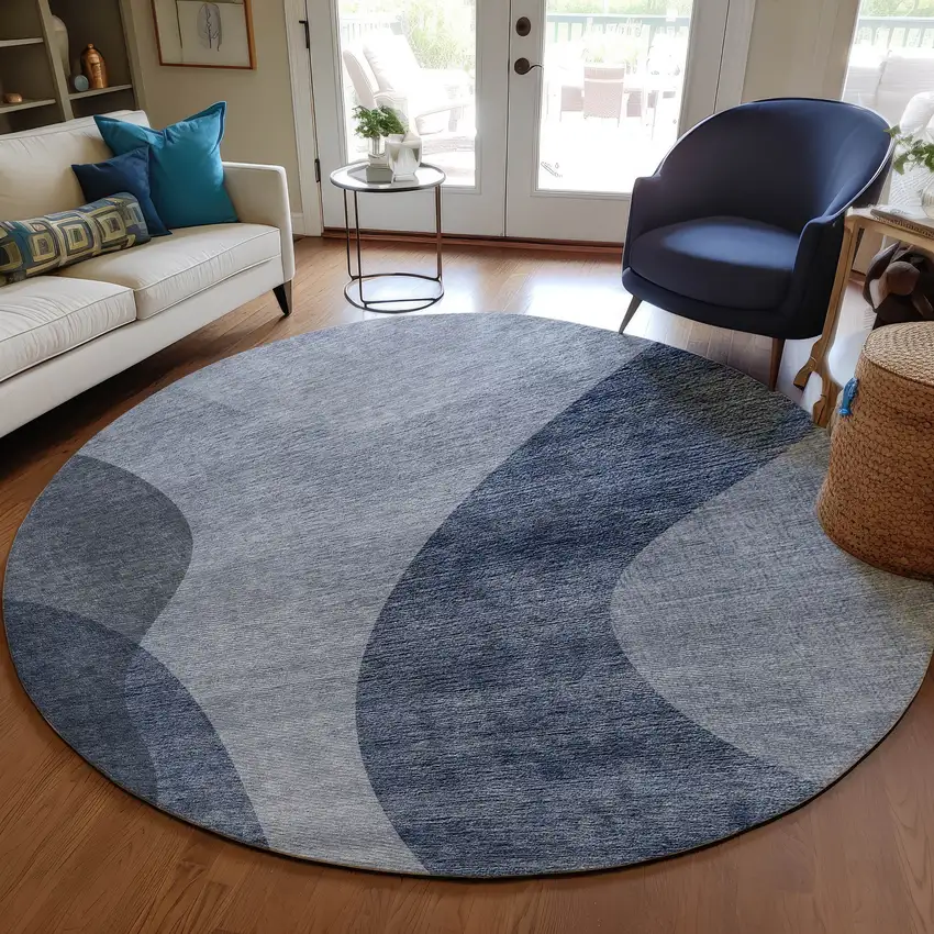 8' Denim Blue And Sky Blue Round Abstract Washable Indoor Outdoor Area Rug Photo 7