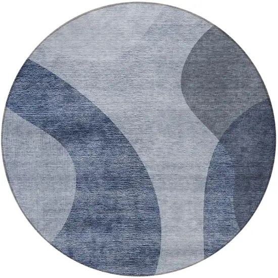 8' Denim Blue And Sky Blue Round Abstract Washable Indoor Outdoor Area Rug Photo 5