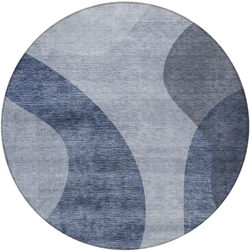 8' Denim Blue And Sky Blue Round Abstract Washable Indoor Outdoor Area Rug Photo 5