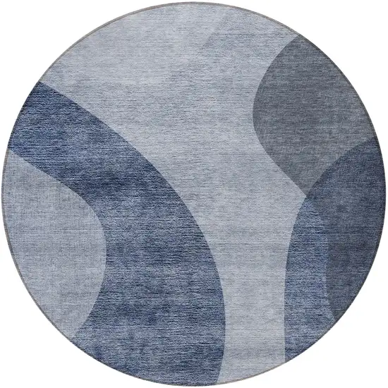8' Denim Blue And Sky Blue Round Abstract Washable Indoor Outdoor Area Rug Photo 5