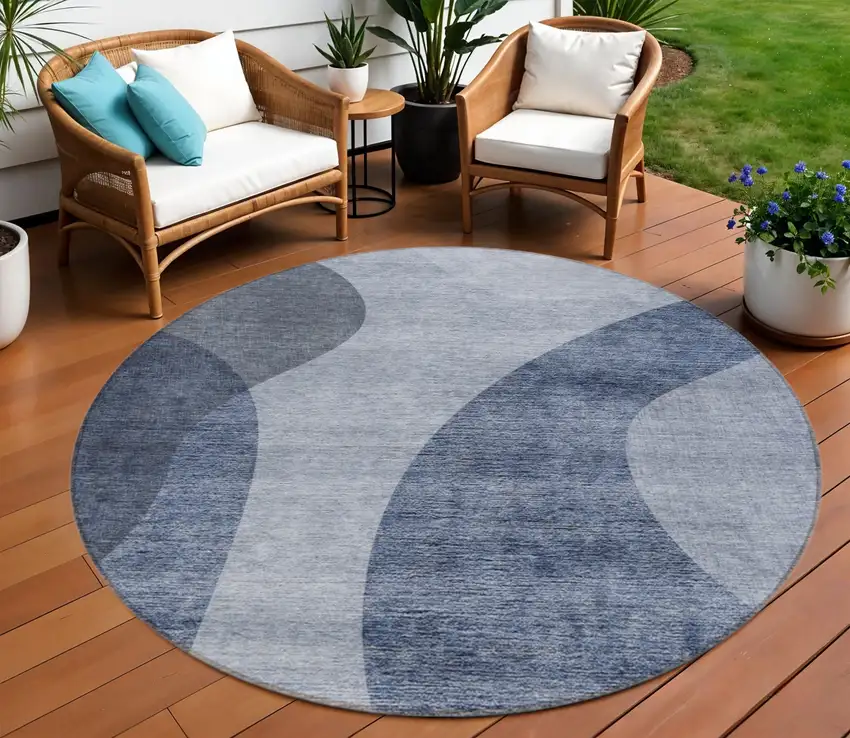 8' Denim Blue And Sky Blue Round Abstract Washable Indoor Outdoor Area Rug Photo 1