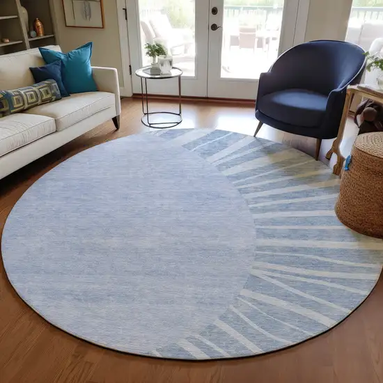 8' Denim Blue And Sky Blue Round Abstract Washable Indoor Outdoor Area Rug Photo 7